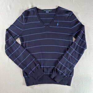 Ralph Lauren Women’s Navy Blue Striped V-Neck Sweater 100% Pima Cotton Size M